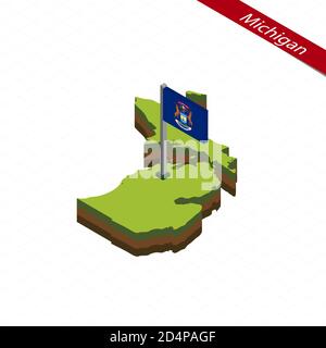 Isometrische Karte und Flagge von Michigan. Isometrische 3D-Form des Staates Michigan. Vektorgrafik. Stock Vektor