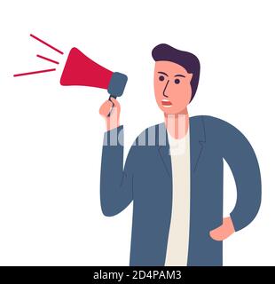 Kreischender Kerl.Teamleiter mit Bullhorn. Mann Manager mit Megaphon. Stock Vektor