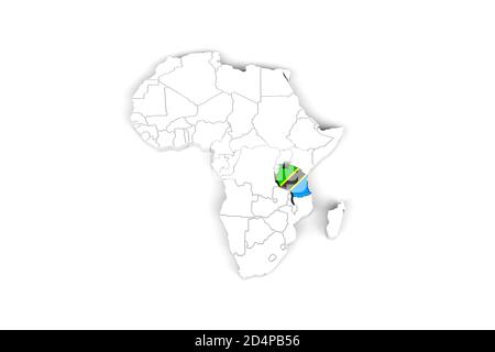 Afrika 3d Karte mit markierten Grenzen - Tansania Gebiet markiert Mit Tansania Flagge - isoliert auf weißem Hintergrund - 3D Abbildung Stockfoto