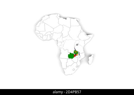 Afrika 3d Karte mit markierten Grenzen - Sambia Gebiet markiert Mit Zambia Flagge - isoliert auf weißem Hintergrund - 3D Abbildung Stockfoto