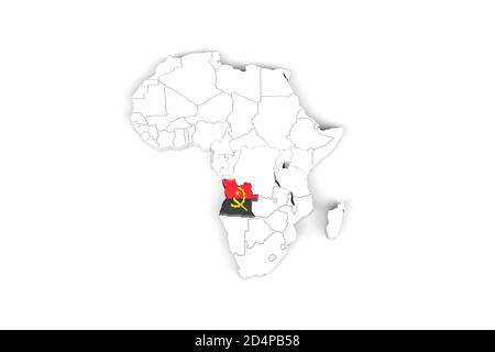 Afrika 3d Karte mit markierten Grenzen - Angola Gebiet markiert Mit Angola-Flagge - isoliert auf weißem Hintergrund - 3D Abbildung Stockfoto