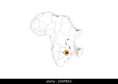 Afrika 3d Karte mit markierten Grenzen - Simbabwe Gebiet markiert Mit Zimbabwe Flagge - isoliert auf weißem Hintergrund - 3D Abbildung Stockfoto