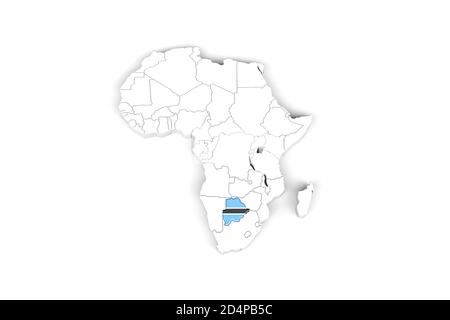 Afrika 3d Karte mit markierten Grenzen - Botswana Gebiet markiert Mit Botswana Flagge - isoliert auf weißem Hintergrund - 3D Abbildung Stockfoto