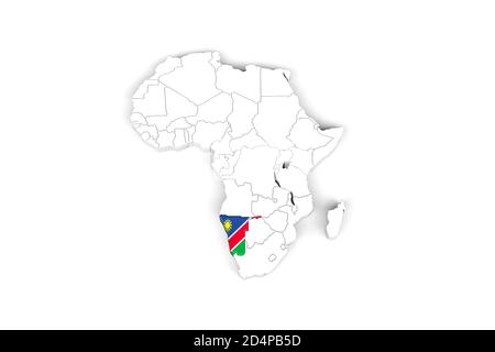 Afrika 3d Karte mit markierten Grenzen - Namibia Gebiet markiert Mit Namibia Flagge - isoliert auf weißem Hintergrund - 3D Abbildung Stockfoto