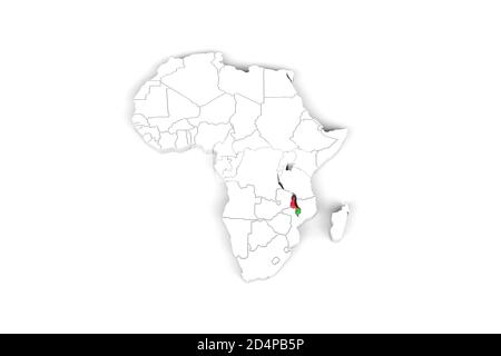 Afrika 3d Karte mit markierten Grenzen - Malawi Gebiet markiert Mit Malawi-Flagge - isoliert auf weißem Hintergrund - 3D Abbildung Stockfoto