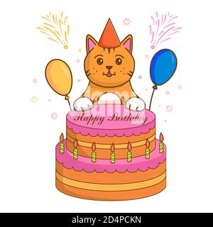 Niedliche Katze.Kätzchen in einer festlichen Mütze. Geburtstagskuchen und Ballons. Stock Vektor