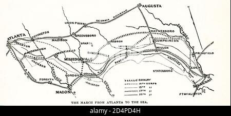 Vom 15. November bis zum 21. Dezember 1864 führte der Gewerkschaftsgeneral William T. Sherman etwa 60,000 Soldaten auf einem 285-Meilen-marsch von Atlanta nach Savannah, Georgia. Der Zweck von Shermans Marsch zum Meer war es, Georgiens Zivilbevölkerung zu erschrecken, die konföderierte Sache aufzugeben. Stockfoto