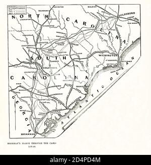 Shermans Marsch durch Carolinas. Diese Karte zeigt: Der Feldzug der Karolinen (1. Januar – 26. April 1865) – der Feldzug der Karolinen – war der letzte Feldzug der Union Army gegen die Bundesstaaten Army im Western Theatre. Am 1. Januar, Union General William T. Sherman vorgerückt Norden von Savannah, Georgia, durch die Carolinas, mit der Absicht, sich mit Union Truppen in Virginia. Die Niederlage der Armee des konföderierten Generals Joseph E. Johnston in der Schlacht von Bentonville und seine bedingungslose Kapitulation an die Truppen der Union am 26. April 1865 beendete effektiv die Amer Stockfoto