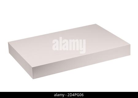 White-Box-Produktverpackung in Seitenansicht. Joslated auf weißem Hintergrund. Hochauflösendes Foto. Volle Schärfentiefe. Stockfoto