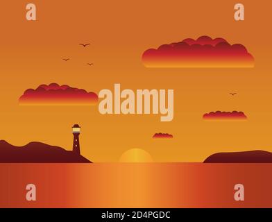 Vektor eine flache Landschaft ein Sommer Sonnenuntergang am Meer.schöner Strand tropischen Sonnenuntergang Landschaft.Sonnenuntergang über dem Meer. Stock Vektor