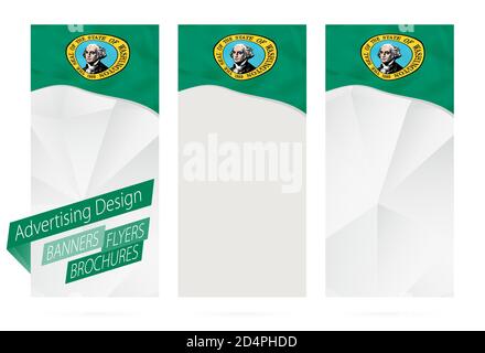 Gestaltung von Bannern, Flyern, Broschüren mit Washington State Flag. Broschüre Vorlage für Website oder Druck. Vektorgrafik. Stock Vektor