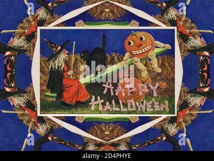 Vintage Halloween Bild ein Mandala Einstellung. Hexe und Kürbis sitzen auf einer Säge mit begleitenden schwarzen Katzen. Stockfoto