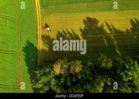 Luftaufnahme des Bauernhofes mit Traktor im Abendlicht stehen. Stockfoto