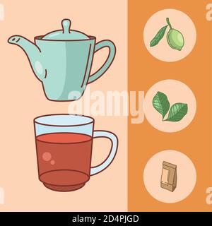Tee Linie und füllen Stil Satz von Symbolen Design, Zeit trinken Frühstück und Getränke Thema Vektor Illustration Stock Vektor