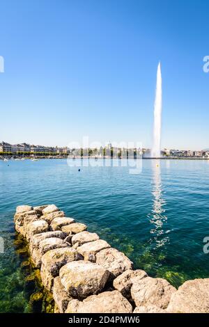 Die Stadt und Bucht von Genf, Schweiz, mit seinem symbolträchtigen 140 Meter hohen Wasserstrahlbrunnen am Genfer See, von einem Stegsteg aus von einem sonnigen gesehen Stockfoto