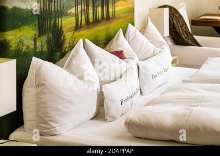 Gestickte Kissen mit der Aufschrift "Frühaufsteher" (Frühaufsteher) und "Der frühe Vogel …" (der frühe Vogel) liegen auf einem Bett vor einem großformatigen Waldgemälde im Kavaliershaus-Hotel in Fincken, Röbel-Müritz, Deutschland. Stockfoto