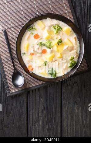 White Cream Eintopf ist ein klassischer japanischer Eintopf mit Huhn, Pilzen und Gemüse aus nächster Nähe in einer Schüssel auf dem Tisch. Vertikale Ansicht von oben Stockfoto