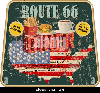 Grungy vintage american rote 66 Straße Diner Zeichen und Straßenkarte auf USA Flagge, retro grungy Vektor Illustration Stock Vektor