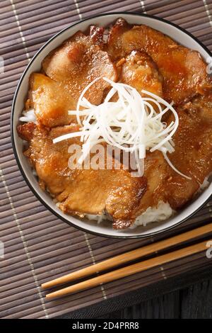 Butadon stammt aus Hokkaido, Japan, und ist ein Reisschüsselgericht mit gegrillten Schweinefleischscheiben mit karamellisierter Sojasauce, die sich in der Nähe auf dem Tisch befindet. Vertikal oben Stockfoto