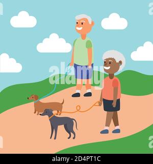 Interracial altes Paar zu Fuß mit Hunden aktiv Senioren Zeichen Vektor Illustrationsdesign Stock Vektor