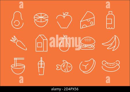 Bündel von fünfzehn Lebensmittel-Set-Symbole in orange Hintergrund Vektor Illustrationsdesign Stock Vektor