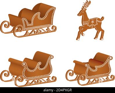 Set von weihnachtsplätzchen. Isolierte Lebkuchenschlitten und Rentiere. Stock Vektor
