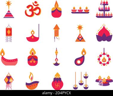 Bündel von zwanzig diwali Satz flache Stil Vektor Illustration Design Stock Vektor