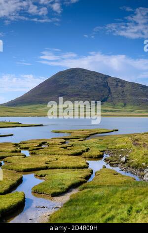 Marschlandschaft bei Northton mit Ceapabhal Hill, Isle of Harris, Schottland, Großbritannien Stockfoto