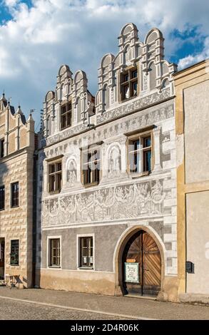 Haus mit sgraffito Fassade in Slavonice, Tschechische Republik, Europa Stockfoto