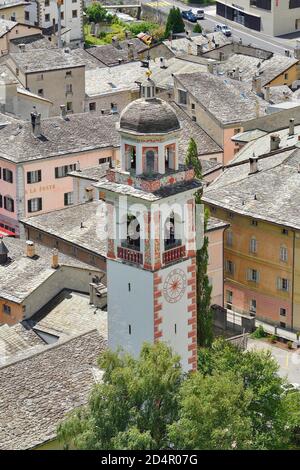 Kirchturm, Reformierte Kirche, Poschiavo, Puschlav, Kanton Graubünden, Schweiz, Europa Stockfoto