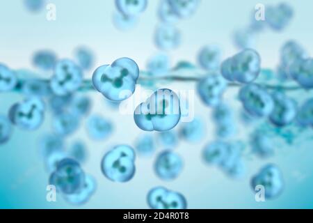 Wassermoleküle, jedes Wassermolekül besteht aus zwei Wasserstoffatomen, die an ein Sauerstoffatom gebunden sind. Stockfoto