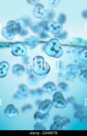 Wassermoleküle, jedes Wassermolekül besteht aus zwei Wasserstoffatomen, die an ein Sauerstoffatom gebunden sind. Stockfoto