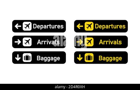 Abflüge, Ankunft und Gepäckschild. Flughafenschild. Vektor auf isoliertem weißem Hintergrund. EPS 10 Stock Vektor