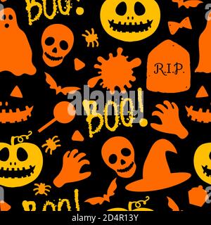 Happy Halloween Nahtloses Muster. Kürbis Jack, Schädel, Spinnen, Süßigkeiten und Scary Boo. Vektor Urlaub Design Oberflächenstruktur. Cartoon-Farbe Stock Vektor