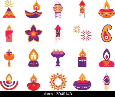 Bündel von zwanzig diwali Satz flache Stil Symbole Vektor-Illustration Design Stock Vektor