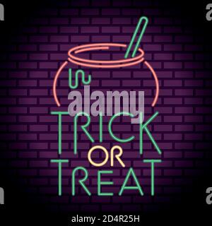 Trick or Treat halloween Schriftzug in Neonlicht mit Kessel vektorgrafik Design Stock Vektor