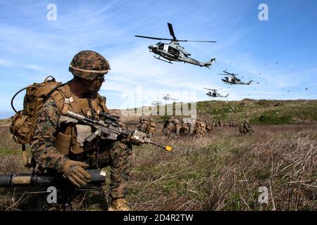 Us-Marines mit 2Nd Battalion, 4th Marine Regiment, 1st Marine Division bieten Sicherheit für UH-1Y Venoms mit Marine Light Attack Helicopter Squadron 469, Marine Flugzeuge Gruppe 39, 3. Marine Flugzeugflügel, an einem Landing Zone während der Übung Venom Sturm auf der Insel San Clemente, Calif., Jan. 15, 2020. Übung Venom Sturm demonstriert die Vielseitigkeit des Gift in die tödliche Optionen, ob Sie aus dem Meer oder auf dem Land. Es ist die Fähigkeit, schnell von Ship-to-Shore bereitstellen, Unterstützung von Bodentruppen mit eigenen organischen Fire Support und bewaffnet und an temporären Standorten betankt werden, ist unübertroffen. Die Stockfoto