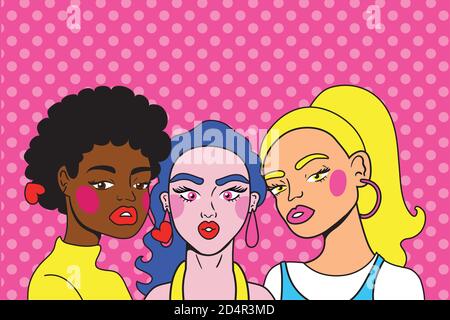 Junge interracial Frauen Freunde Pop Art Stil Vektor Illustration Design Stock Vektor