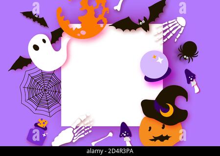 Frohe Halloween Party. Mystische Nacht mit Kürbis, Fledermaus, Knochen, Geist. Trick or Treat. Quadratischer Rahmen. Leerzeichen für Text. Papierkunst Stock Vektor