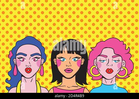 Junge Frauen Freunde Pop Art Stil Vektor Illustration Design Stock Vektor