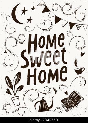 „Stay at Home“-Schriftzug im Posterdesign mit „Home sweet Home“-Schriftzug. Stock Vektor