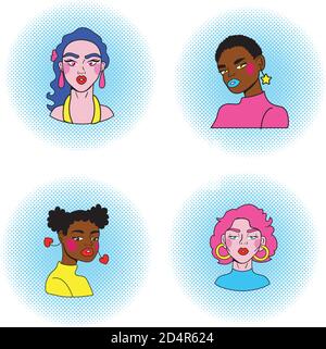 Junge interracial Frauen Freunde Charaktere Pop Art Stil Vektor Illustration Design Stock Vektor