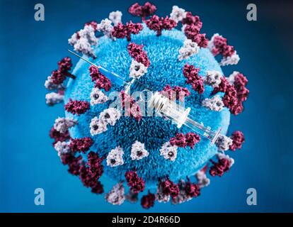 Impfstoff und Computerdarstellung des Masernvirus (Paramyxovirus). Stockfoto