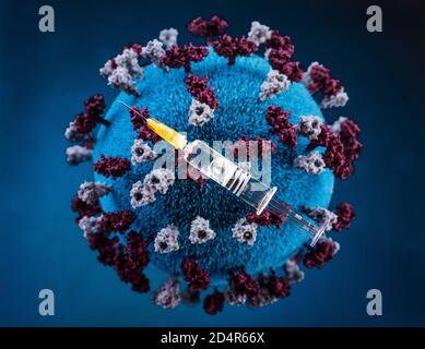 Impfstoff und Computerdarstellung des Masernvirus (Paramyxovirus). Stockfoto