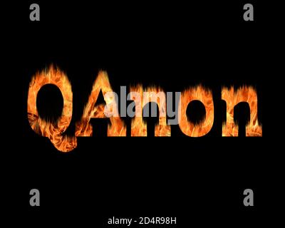 QAnon oder Q Anon Deep State Verschwörungstheorie Text auf Feuer auf schwarzem Hintergrund Stockfoto