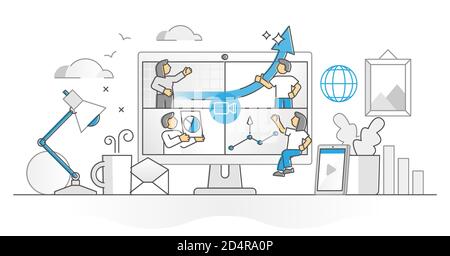 Videokonferenz-Gespräch mit Webcam-Anruf monocolor skizzieren Konzept. Teamarbeit von Kollegen online mit Distanz und Arbeit von zu Hause Methode vect Stock Vektor