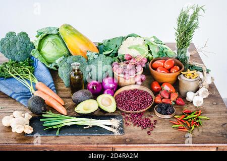 Sortiment von Lebensmitteln in der Prävention von Krebs empfohlen. Stockfoto