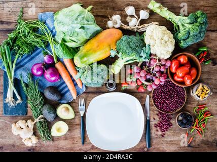 Sortiment von Lebensmitteln in der Prävention von Krebs empfohlen. Stockfoto