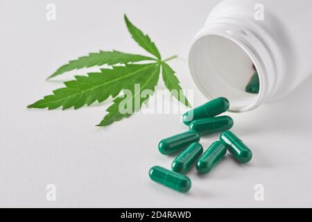 Marihuana Blätter und grüne Kapseln auf weißem Hintergrund Stockfoto