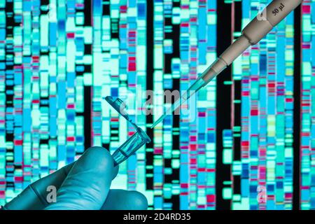 Genetische Forschung, Pipettieren in ein Reagenzglas vor einem DNA-Autoradiogramm (Deoxyribonukleinsäure). Stockfoto